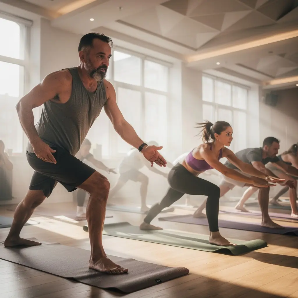 Uczestnicy jogi wykonujący skomplikowane pozycje, otoczeni ciepłym światłem w studiu.