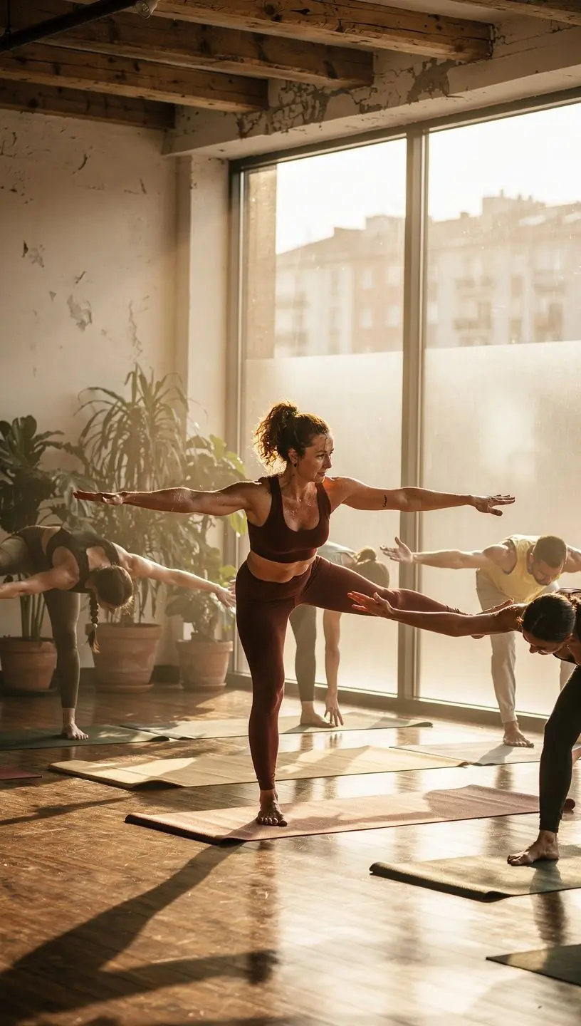 Grupa osób praktykujących jogę w ciepłym studio, skoncentrowanych na asanach.