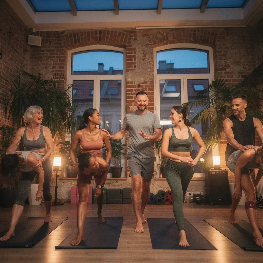 Widok na osoby praktykujące jogę na macie, otoczone przyjemną atmosferą i ciepłem.