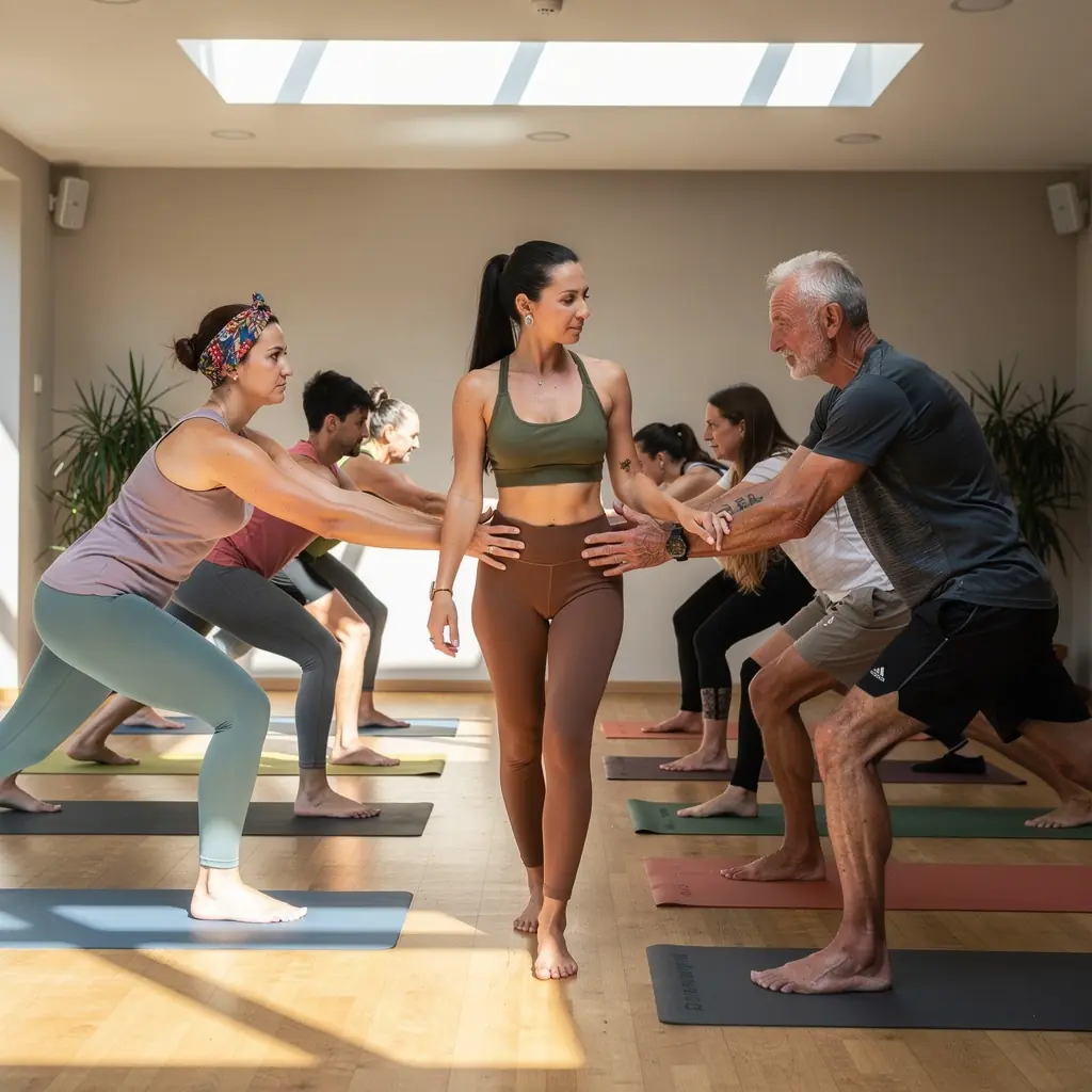 Instruktor prowadzący zajęcia jogi w ciepłym pomieszczeniu, zachęcający do rozciągania.