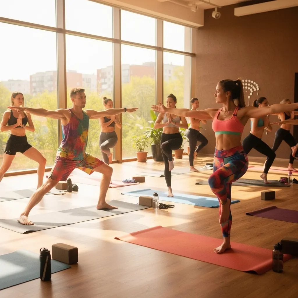 Instruktor prowadzący zajęcia jogi w ciepłym pomieszczeniu, zachęcający do rozciągania.