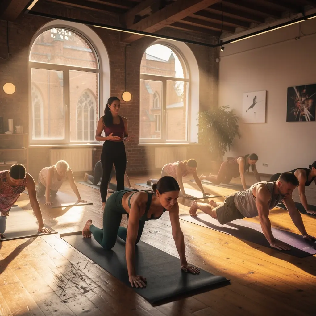 Instruktor prowadzący zajęcia jogi w ciepłym pomieszczeniu, zachęcający do rozciągania.